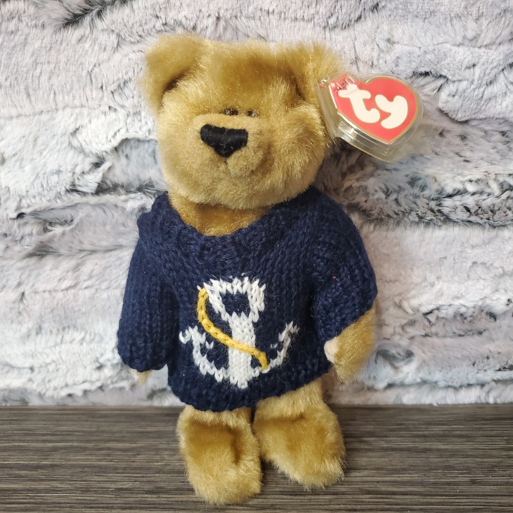 1993 TY PLUSH 8" Salty Bear Knit Blue Sweater With Anchor Nautical Collectible